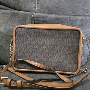 Michael Kors Brown Logo Crossbody with Tan Trim and Gold Chain